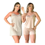 Kit 2 Peças Short Doll + Camisola Liganete Sensual Feminina