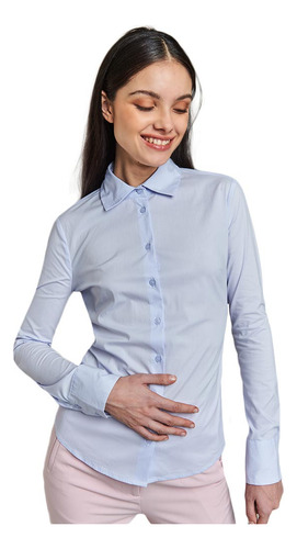 Blusa Lisa Manga Larga Azul Mujer Casual Oficina Botónes