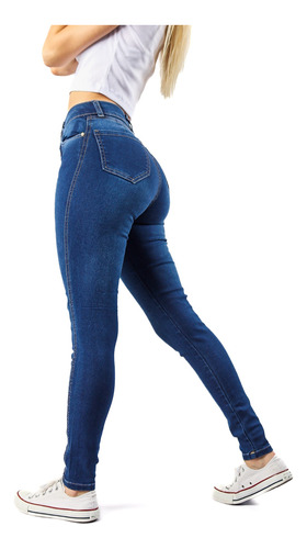 Jean Super  Elastizado Azul Mujer Calce Perfecto Tiro Alto