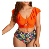 E Ropa De Playa Para Mujer, Talla Grande, Tipo Split, Frunci