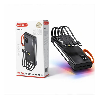 Power Bank 20000mah Cabos Embutidos C/ Lanterna Led Preto