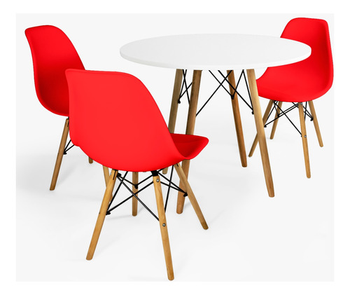 Mesa Branca Redonda 80cm Mdf Preta + 3 Cadeiras Eames Eiffel