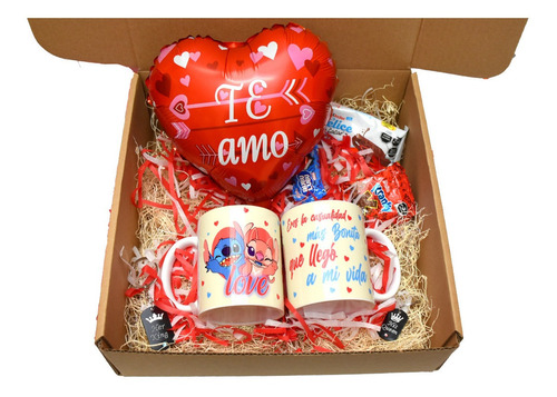 Regalo Para Pareja, Caja, Par Taza Stitch, Con Globo, Amor