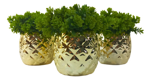 Kit 3 Vaso Dourado Decoração  9x8 Cm Com Planta Artificial