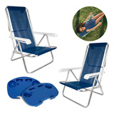 Kit 2 Cadeira Dobrável De Praia Piscina Reclinável + 2 Mesas