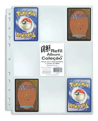 20 Folhas Plástica Pokémon Magic Fichário Cards 11 Furos Yes