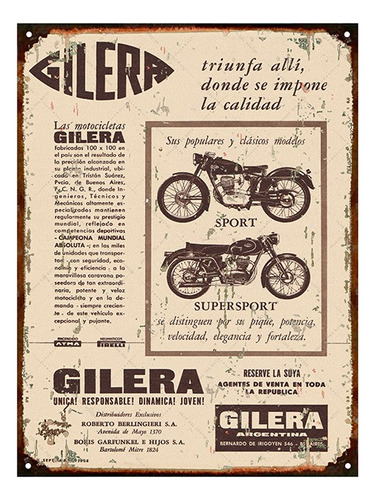 Cartel Chapa Publicidad Antigua 1958 Gilera Y208