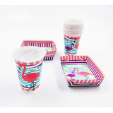 Kit 12 Vasos 12 Platos Decorativos Flamingo Hawaiana