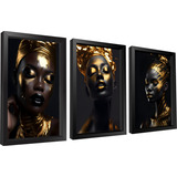 Quadro Decorativo Abstrato Mulher Negra Dourada Gold Moldura