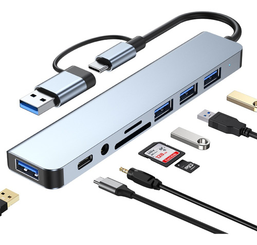 Hub Adaptador Usb Tipo C 8 En 2 Multipuerto Usb 3.0 Tarjeta