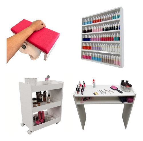 Mesa Manicure + Carrinho + Expositor + Apoio De Punho Rosa