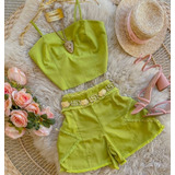 Conjunto Cropped E Short Linho Verde Limão 