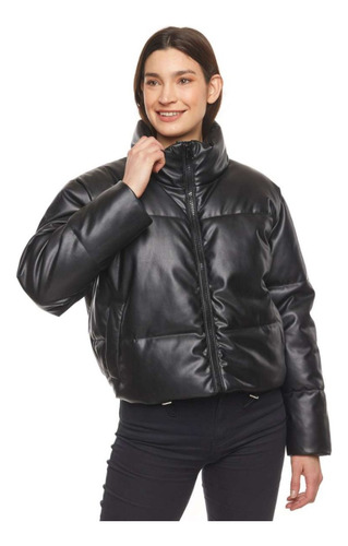 Campera Importada Puffer Ecocuero Negra Dama