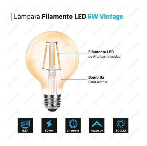 Lampara Led 6w Filamento Vintage Globo E27 Calida Color De La Luz Blanco Cálido