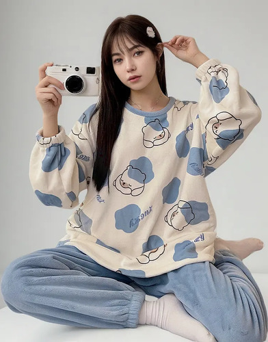 Conjunto De Pijama De Lana Coral Días Fríos Mujer