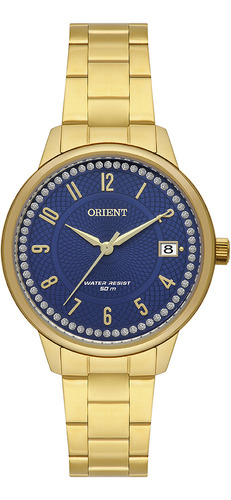 Relogio Orient Feminino Dourado Azul Strass Calendario Aço