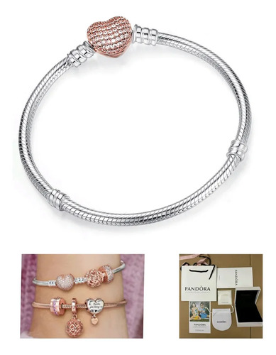 Pandora Brazalete Broche Corazón Cubierto Oro Rosa Plateado