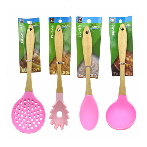 Utensílios De Cozinha Kit Talheres Silicone Cabo Madeira 4pç