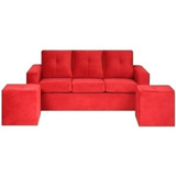 Sofá 3 Cuerpos Con 2 Pouf Felpa Rojo / Muebles América