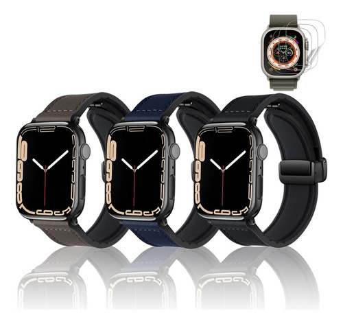 3 Pulseiras Couro + Película Para Apple Watch Ultra 9 8 7 Se