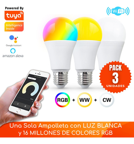 Pack 3 Ampolletas Led Wifi Inteligente 10w E27 Blancos + Rgb