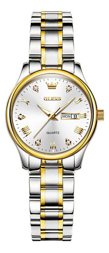 Elegante Y Luminoso Reloj Olevs Calendar Con Diamantes, Color De Fondo Plateado Y Blanco Dorado