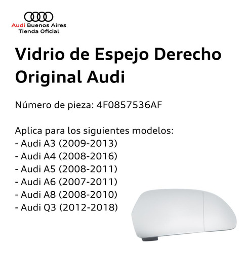 Vidrio De Espejo Derecho Audi A3, A4, A5, A6, A8 Y Q3 Audi A Foto 2