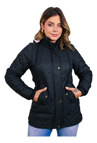 Parka Forrada Fem Puffer Com Pelo Nylon Acolchoado Frio