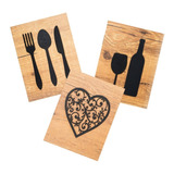 Kit 3 Quadros Cozinha Vinho Adega Talheres Mdf 3d Luxo 20x18