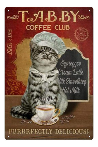 Cartel De Metal Vintage Con Diseno De Gato Y Cafe, Para Pare