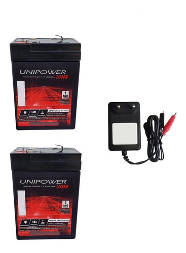 2x Bateria Unipower 6v 4.5ah + Carregador Moto Eletrica Triciclos Brinquedos Luz De Emergencia Garantia 1 Ano