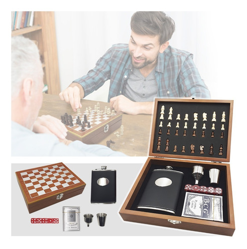 Whiskera Licorera 8oz + Juego Ajedrez Madera + Cartas 092