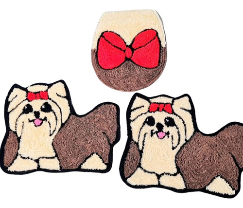 Conjunto De Banheiro Shih-tzu Com 3 Tapetes Artesanais 