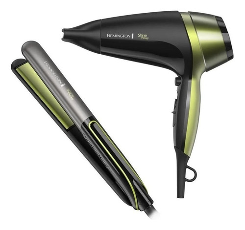 Combo Planchita Secador Remington S12a-d13a Shine Therapy Color Negro/verde