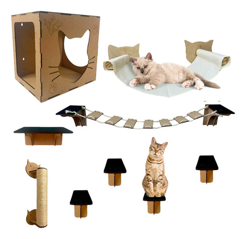 Kit Para Gatos 9 Peças Playground Gato Rede Arranhador Pinus