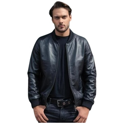 Jaqueta Masculina Couro Legitimo Bomber Punhos Estilo Casual