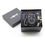 Reloj Hombre, Juego De Pulseras Y Estuche Set Elegante Color De La Correa Negro