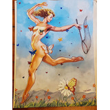 Dibujo Papel Pin Up Desnudo Femenino Mariposa Firma Brihuega