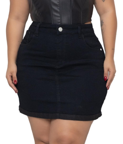 Saia Jeans Plus Size Preta Lisa Com Lycra Barra Feita Básica