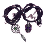 Set X2 Gargantilla Choker Cuero Taches Pluma Y Calavera