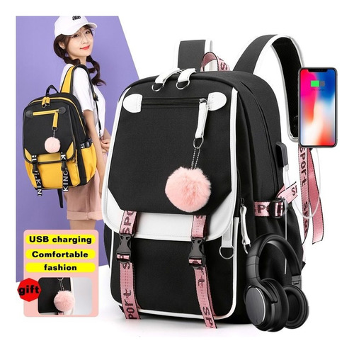 Mochila Escolar Portátil Cargador Usb Auriculares Unisex