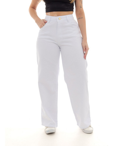 Calça  Branca 100% Jeans Cintura Alta Pantalona Wide Leg 