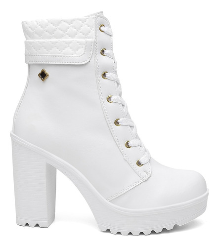 Bota Coturno Botinha Off White Feminina Salto Alto Grosso 