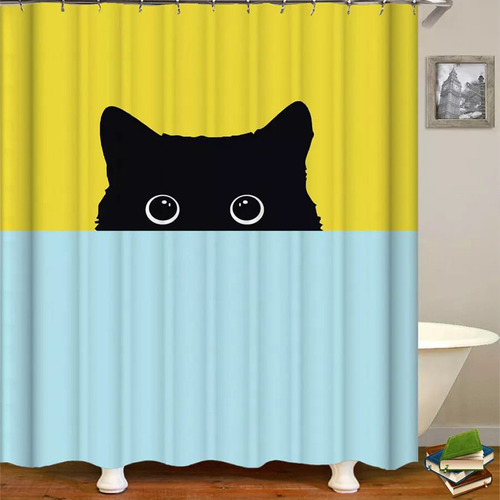 Cortinas De Baño /tela Impermeable/180x180/gato Negro/amaril