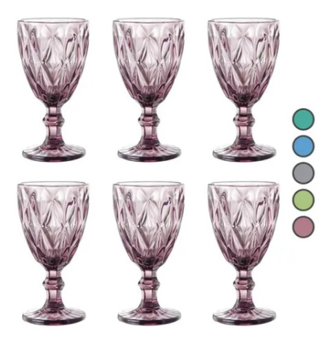 Juego 6 Copas Vino Agua Cristal Labrado Vidrio Colores 245ml