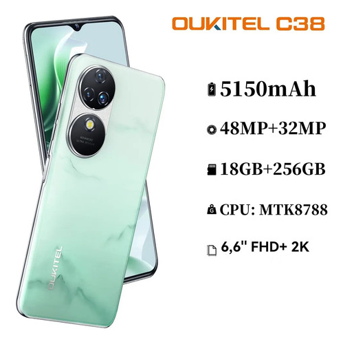 Oukitel C38 Cellphone Dual Sim 18gb+256gb Andriod 13 Smartphone Otg 48mp+32mp+2mp 5g Wifi Cyan