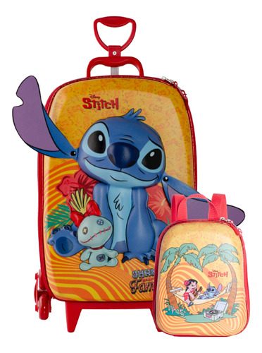 Kit Mochila De Rodas Stitch Tropical 3d Lancheira Infantil