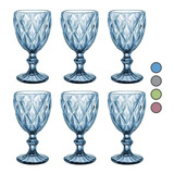Juego 6 Copas Vino Agua Cristal Labrado Vidrio Color Vintage Color Azul Cobalto