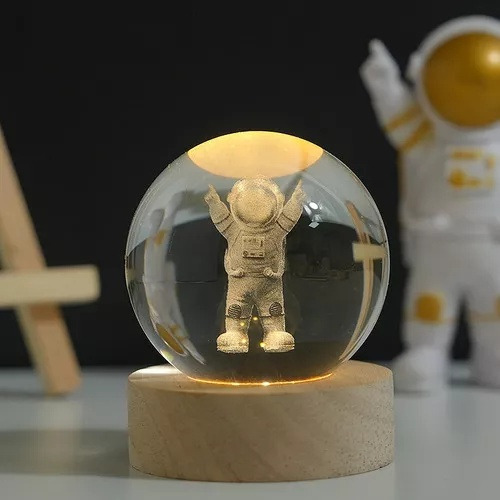 Bola De Cristal Planeta Brillante 3d Con Base De Madera A