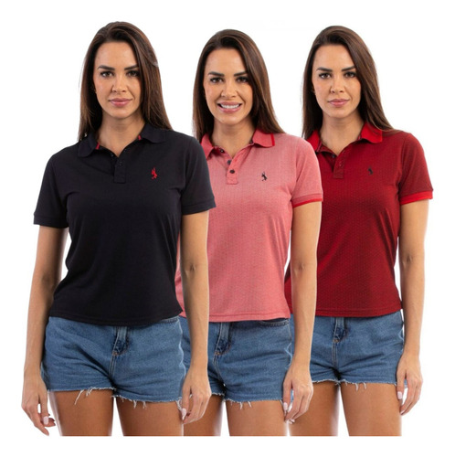 Kit 3 Camisa Polo Feminina Piquet Viscose Dry John Pull